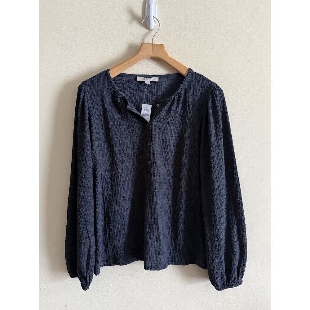 Loft Women Peasant Top Large Navy Cotton Gauze  Long Sleeve Cottage NWT Minimal